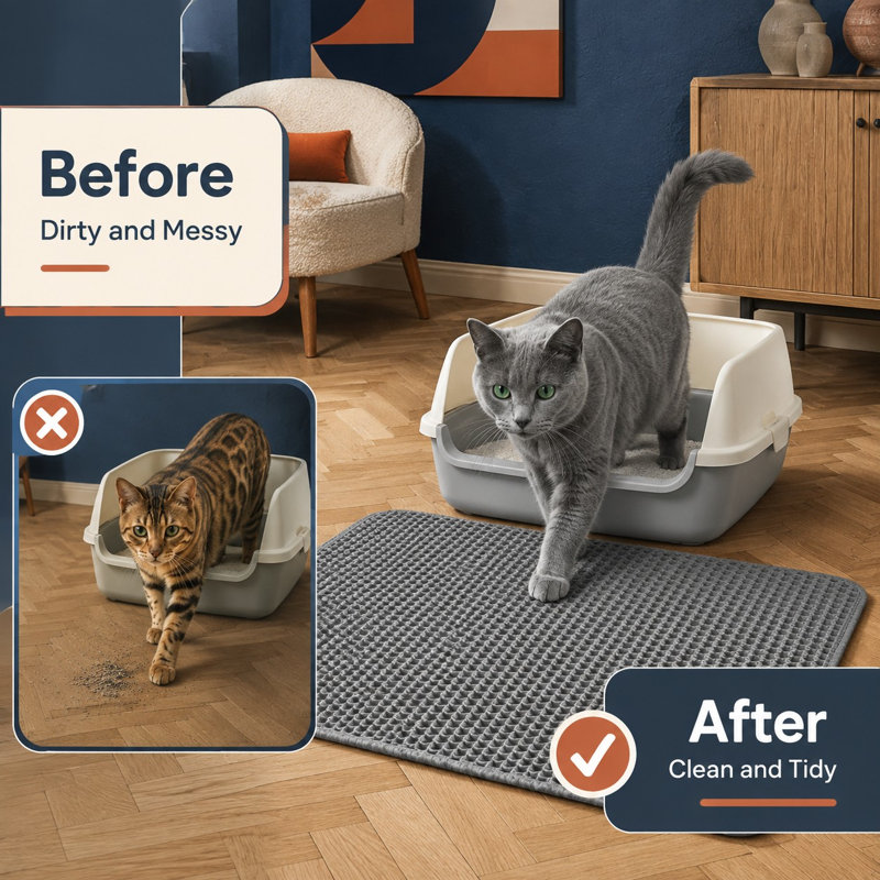 This 23.5 in L x 17.5 in W double-layer litter trapping mat combines waterproof and urine-proof protection with scatter control, anti-tracking performance, a non-slip design, and a soft surface for kitty paws.