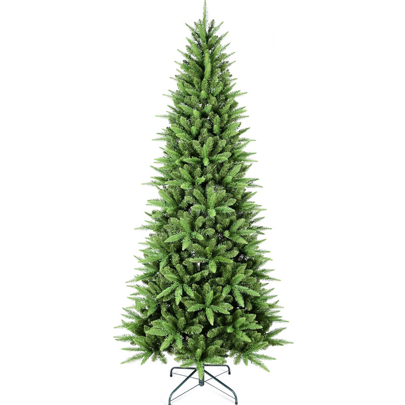Arbre de Noël de 9 pi avec un design mince, 2152 branches Pe +, structure articulée à installation rapide et support en métal pour les petits espaces de vie Espaces de bureau très serrés