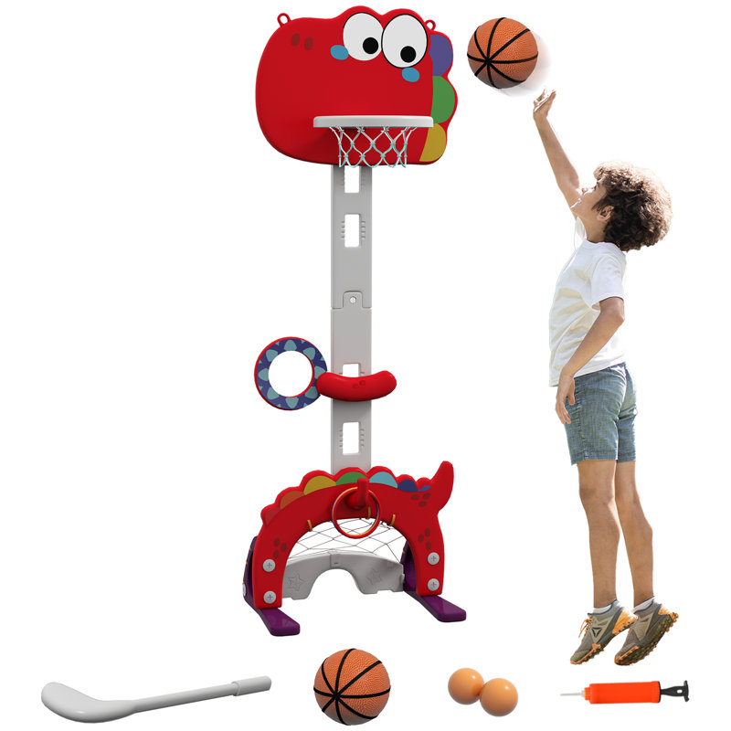 AIYAPLAY 5-in-1 Basketball Set with Adjustable 96-130 cm Height, Red