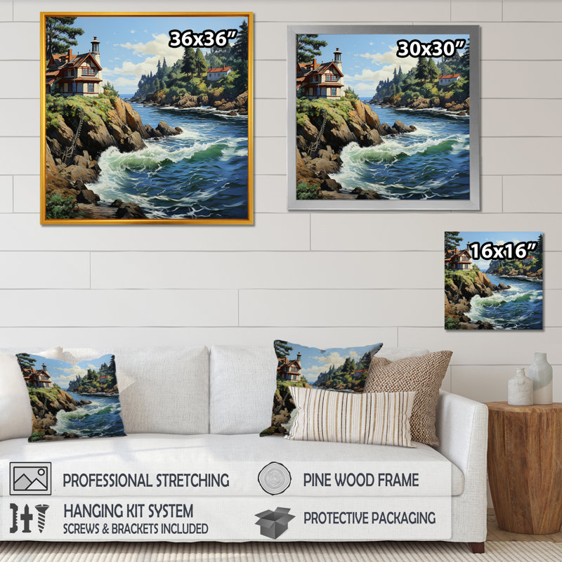 Art mural sur toile Cliffside Cottage By The Lake, Toile tendue, H 36 po x l 36 po