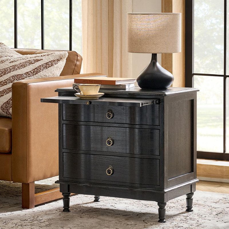 Elfine Traditional 3-Drawer Curved End Table with Pull-out Shelf and Simple Assembly and Charging Station, Charcoal