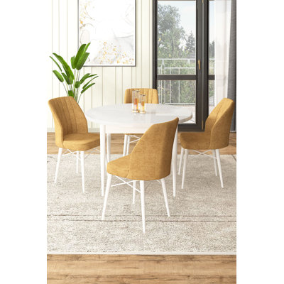 Ensemble de table et chaises de salle à manger moderne 5 pièces, blanc et cappuccino | Table 35,4 po x 29,5 po x 35,4 po | Chaises 17,7 po x 36,6 po x 16,5 po | Panneau de particules 100% mélaminé, pieds en bois, structure en métal, sièges confortables en mousse, design élégant pour les maisons contemporaines
