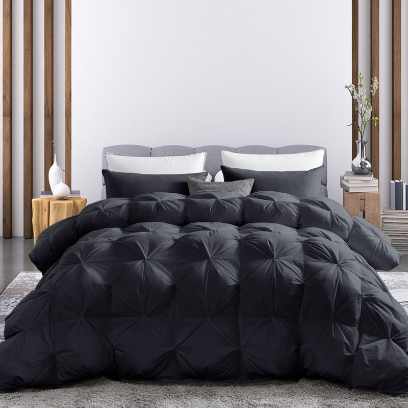 Luxurious All-Season Black Pinch Pleat Oversize Goose Down Comforter Duvet, 750+ Fill Power, 100% Down-Proof Cotton Cover