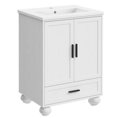 Meuble-lavabo simple en céramique avec pieds en bois massif Echo, meuble-lavabo simple en céramique 24 po avec tablette réglable, 2 portes