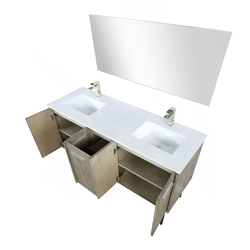 Meuble-lavabo double en acacia rustique 60 po X P 20 po , Comptoir en quartz blanc, ensemble de robinets en nickel brossé et Miroir