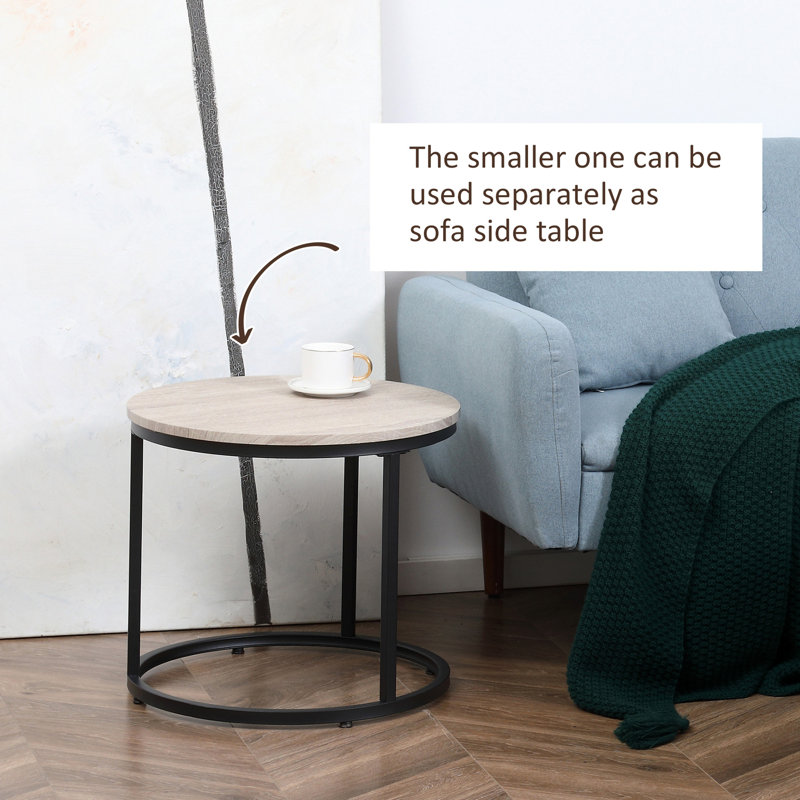 Round Light Brown Wood and Black Metal Nesting Coffee Tables Set