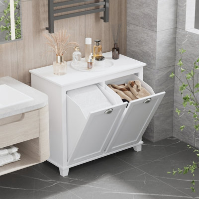 Tilt-Out Laundry Sorter Cabinet, Bathroom Stora... - 30" x 15.75" x 27.5" - MDF - 2 Pieces - Laundry Hamper - White - Tilt-Out Design