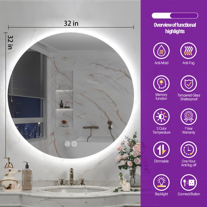 Lunara UL Certified Frameless Backlit LED Bathroom/Vanity Mirror, Temper Glass Round Wall Mirror, 32" x 32" 