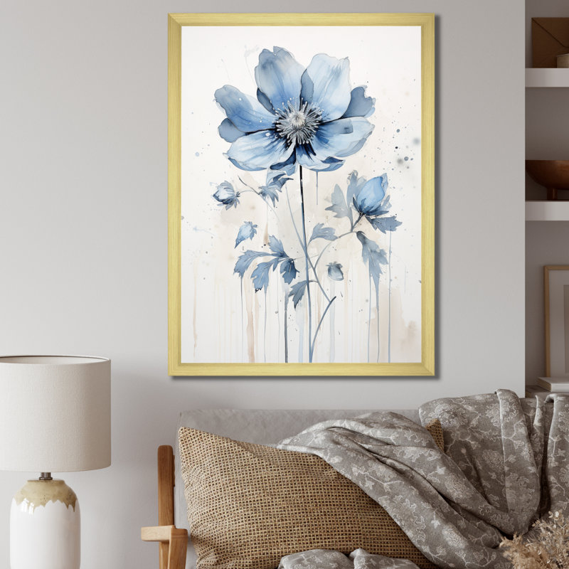 «Blue Minimalisme Poppy Flower I», impressions sur toile florales et botaniques, H 32 po x l 24 po x P 1 po, Encadrement doré