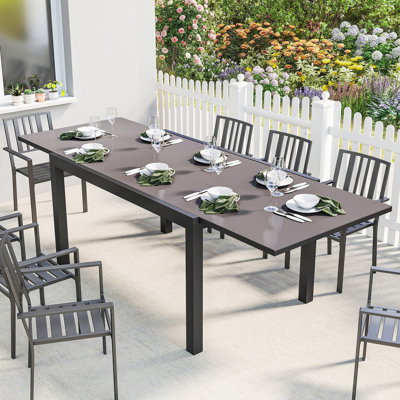 Expandable Outdoor Dining Table, Glass Top Patio Table, Black
