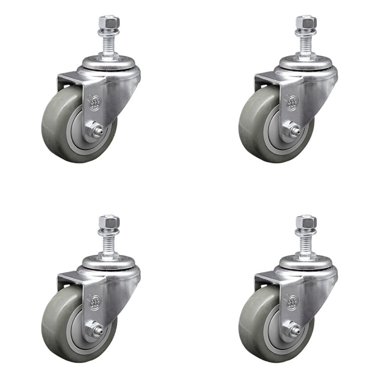 Ensemble de roulettes à tige filetée 3 pouces en polyuréthane gris pivotant ½ pouce SCC