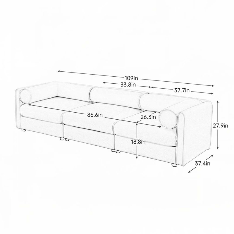 Canapé en chenille, Blanc, H 27,9 po x l 109 po x P 37,4 po, 3