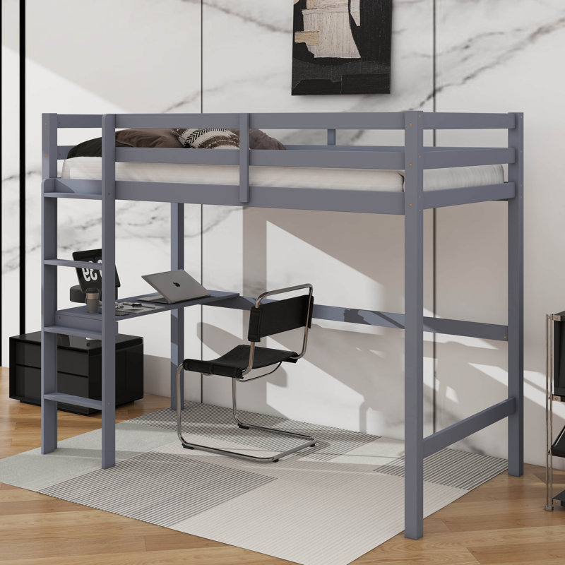 Lit mezzanine simple en bois d'hévéa avec barrière de sécurité, bureau intégré et échelle, Gris