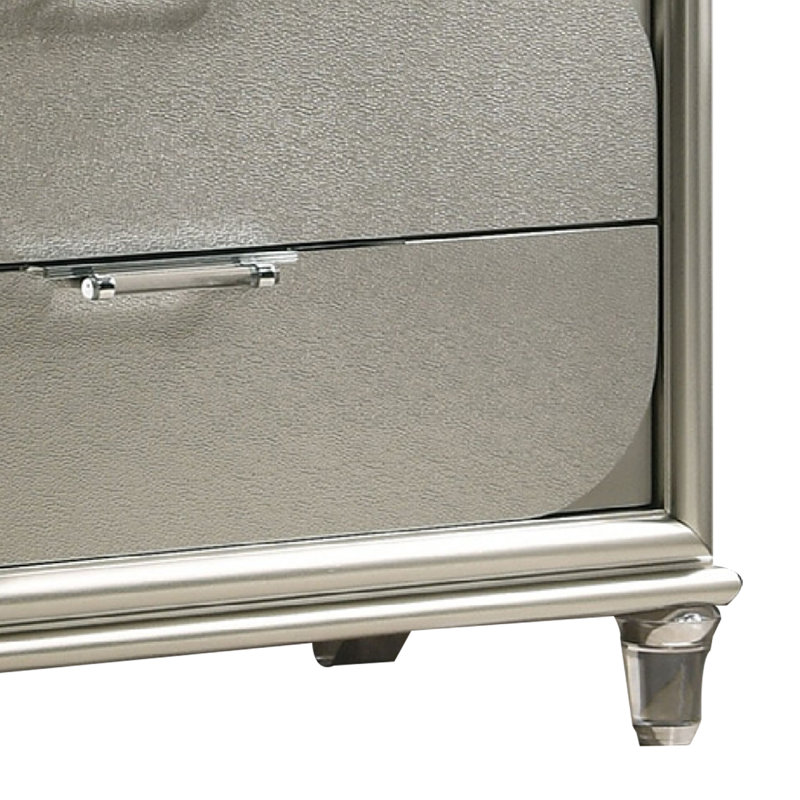 Commode haute Zema, 5 tiroirs, panneaux décoratifs argentés