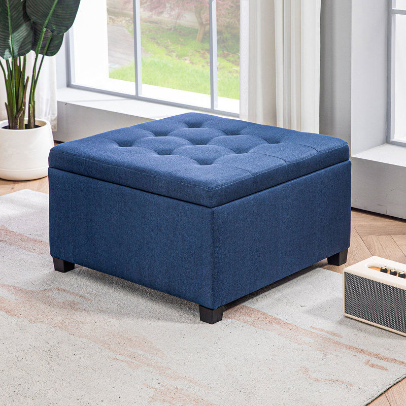 Bleu avec rangement à rabat. Style rétro pour l'intérieur. Tissu doux, espace de rangement abondant, configuration de charnière sécurisée. Des chambres design. Coussin, grand volume, assemblage stable
