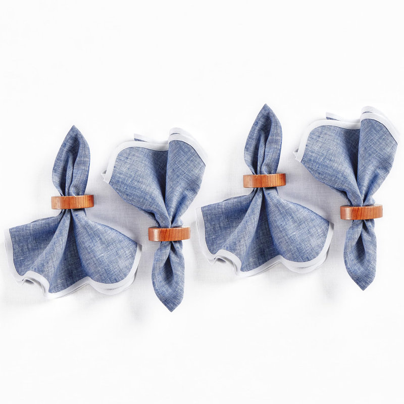 Giselle Scallop Edge - 100% Pure Linen Dinner Napkins, White/Chambray Indigo, Round 20"