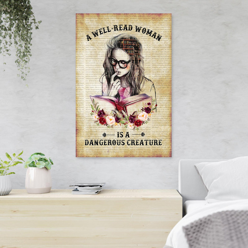 Fille lisant des livres - Une femme qui lit bien est une créature dangereuse - 1 pièce, impression d'art graphique rectangulaire sur toile tendue