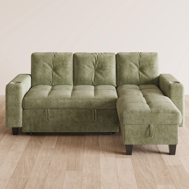 Canapé-lit modulaire capitonné en L 83 po avec canapé-lit, chaise de rangement et table d'appoint Benett, Chenille verte