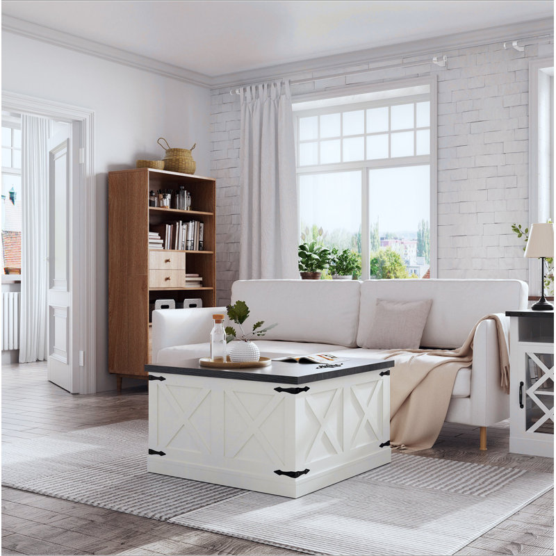 Farmhouse Coffee Table, Square Wood Center Table With Large Hidden Storage Compartment For Living Room, Rustic Cocktail Table With Hinged Lift Top For Home