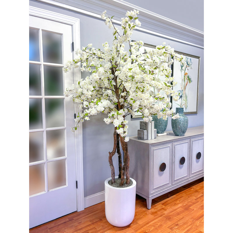 Faux Cherry Blossom Tree Plant in Fiberstone, White
