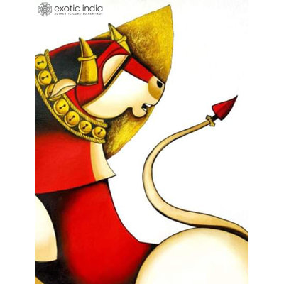 Shiva's Companions: Nandi and the Moon, peinture acrylique par Arvind Mahajan - 28 po x 21 po, art mythologique indien contemporain sur papier