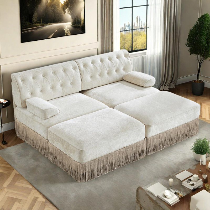 Canapé Chesterfield modulaire avec repose-pieds et jupe à pampilles, Beige