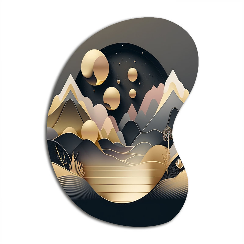 «Dreamy Golden Mountain II - Marble Unique Shape», reproduction d'art asymétrique grise, H 31 po x l 22 po