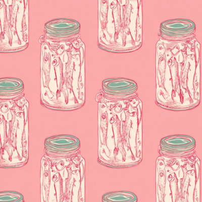 Papier peint à peler et coller avec pot de poisson rétro et sardines dessinés à la main rose doux