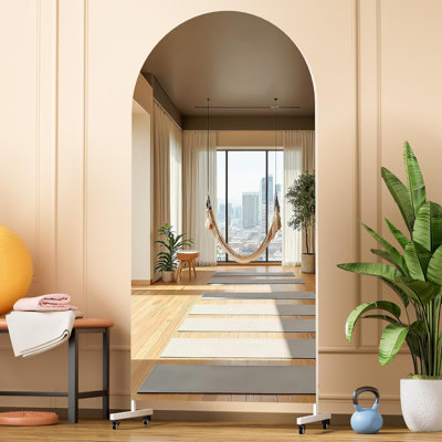 Miroir arqué Home Gym 360 ° sur roulettes, très grand miroir roulant sur tout le corps, miroir en verre trempé pleine longueur facile à déplacer pour studio de yoga, chambre à coucher, studio de danse, garantie de 3 ans