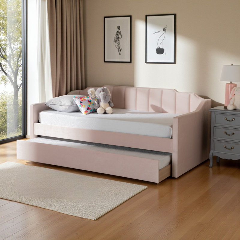 Marlee Modern Twin Size Velvet Fabric Daybed in Pink, 34.71" H X 81.50" L X 41.84" W, Twin, Pink