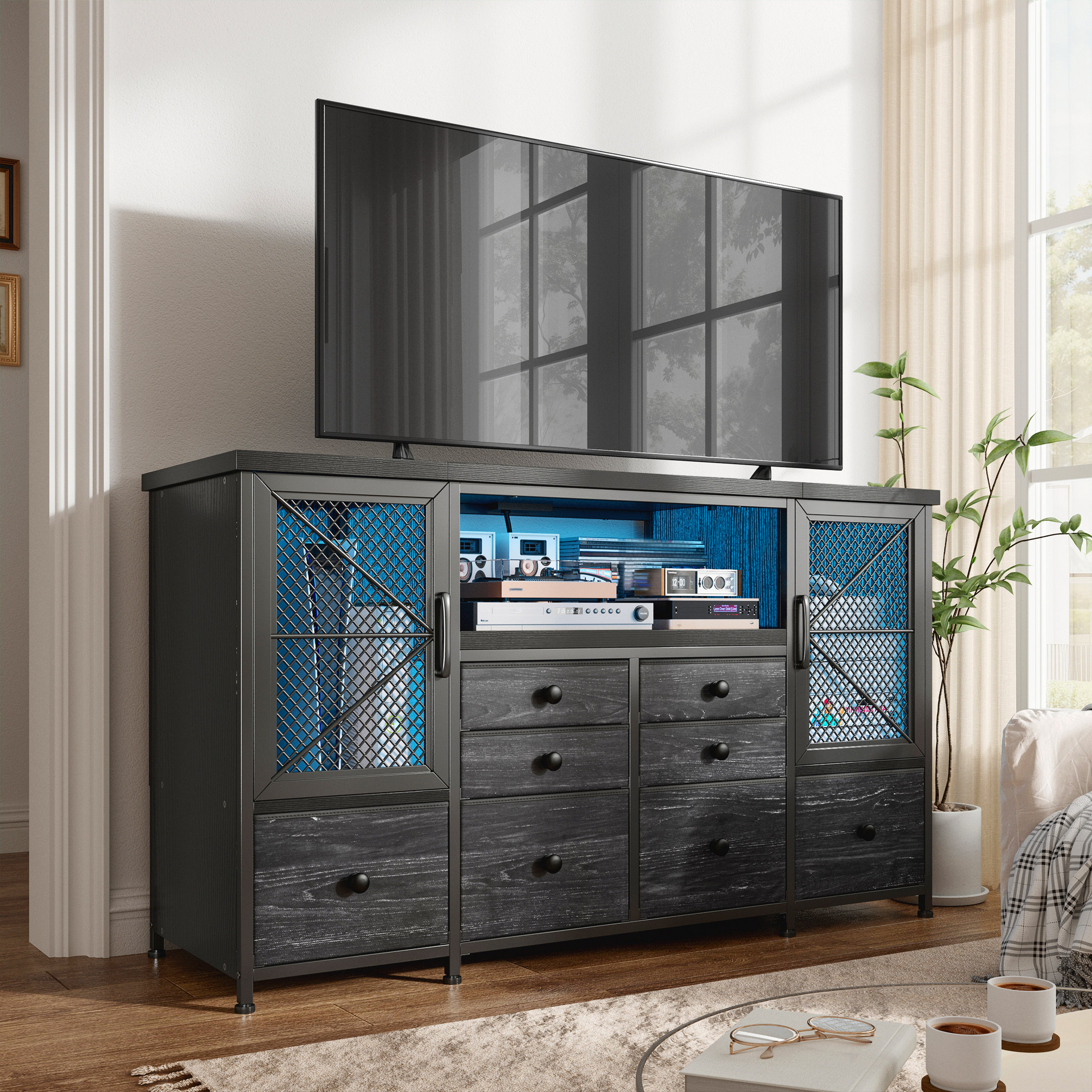 metal mesh dresser Tall Dresser with Storage Dresser for Bedroom, Fabric Chests of Drawers with Metal Screen Door,Modern Storage Cabinet for Living Room 48"H X 38"W X