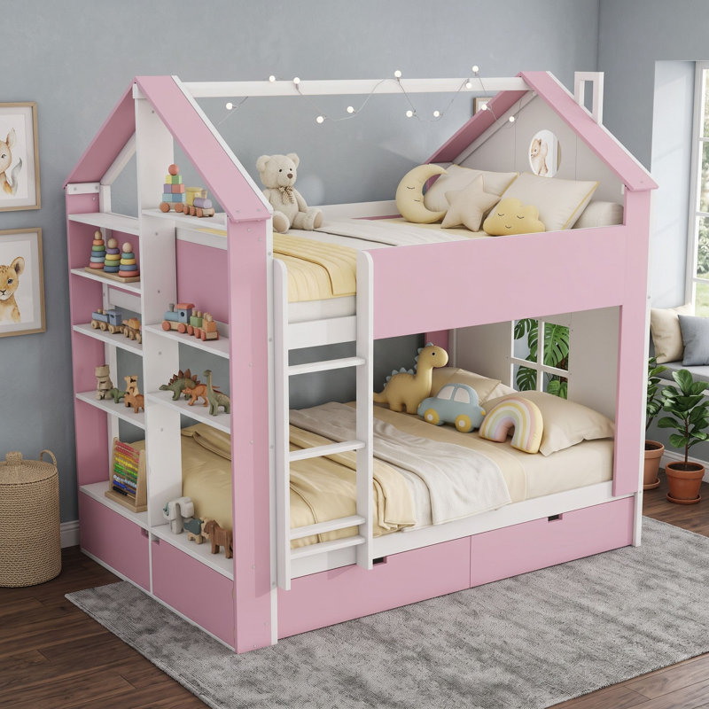 Lit superposé double au-dessus de double avec tablettes, tiroirs de rangement, bande lumineuse à DEL intégrée, Rose blanc