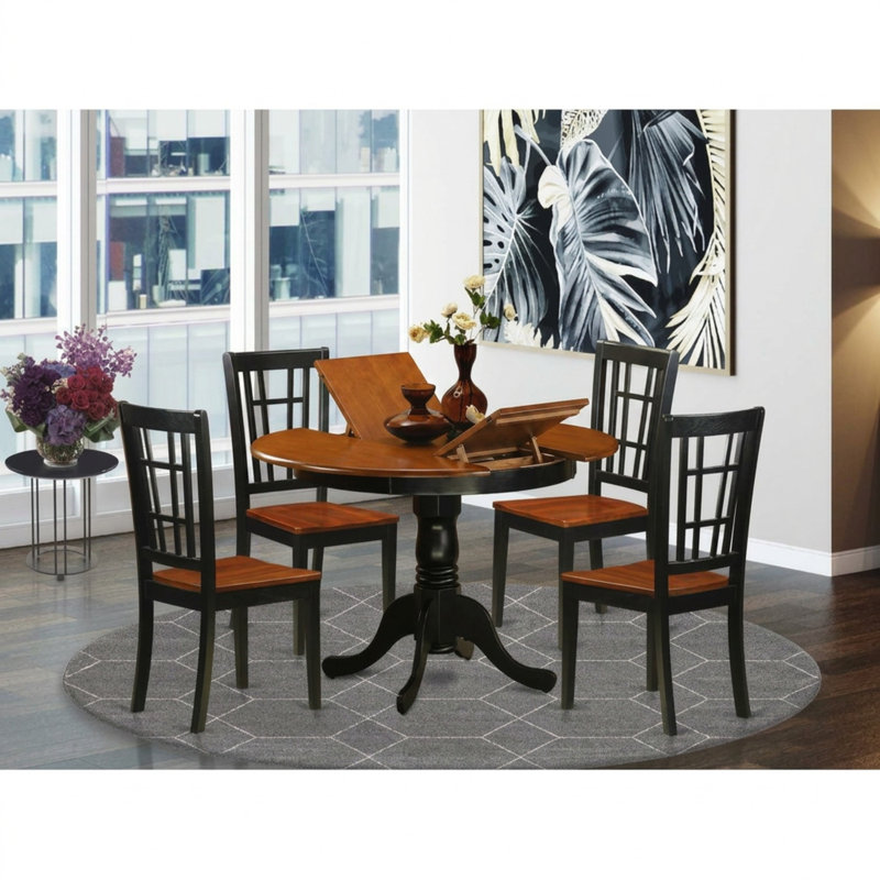 Ensemble de table et de chaises de salle à manger en bois dur asiatique cerisier noir, 76 cm (H) x 91 cm (L) x 91 cm (P), pieds sur pied.