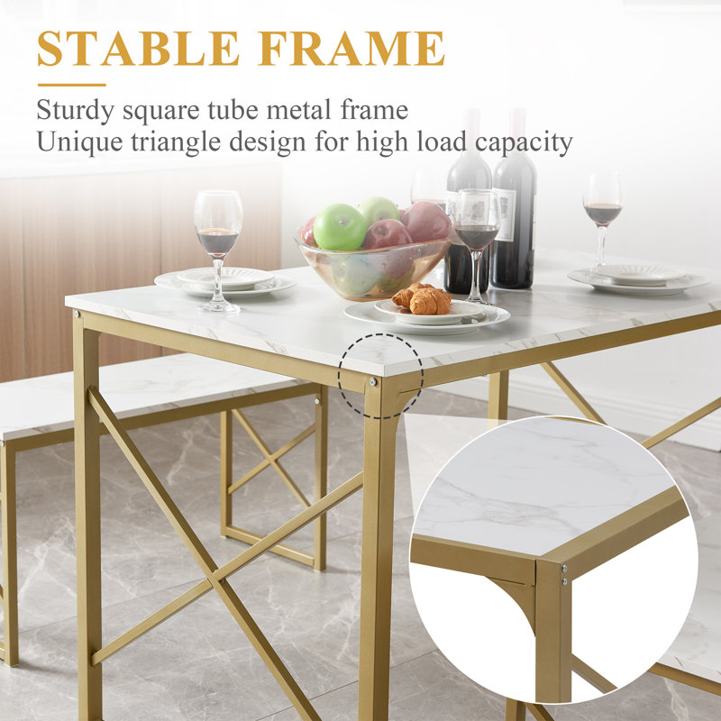 Aithan 3-Piece 43.3 Inch Gold Dining Table Set with Benches, Rustic Kitchen Table Set for Small Spaces, Modern Farmhouse Dining Set with Bench for Kitchen & Dining Room