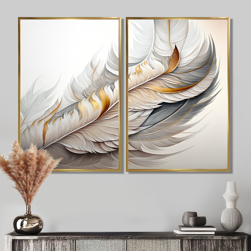 Plume blanche aquarelle - art mural blanc 2 pièces, Impression encadrée flottante, H 36 po x l 48 po, Doré