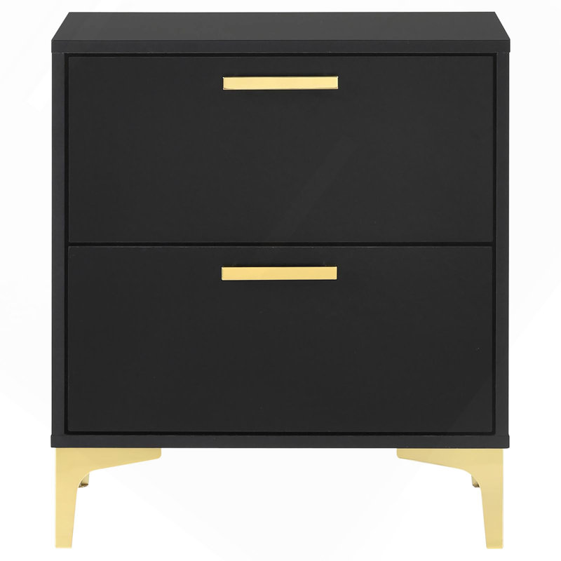 Black 2-Drawer Rectangular Nightstand, Black