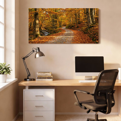 Autumn Forest Path Canvas Wrapped Wall Art Oil Painting Print Set Of 1