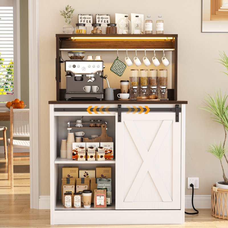 Armoire-bar Farmhouse avec 6 crochets, huche de bar avec rangement, armoire-buffet avec porte de grange coulissante, table basse avec tablettes réglables pour le salon