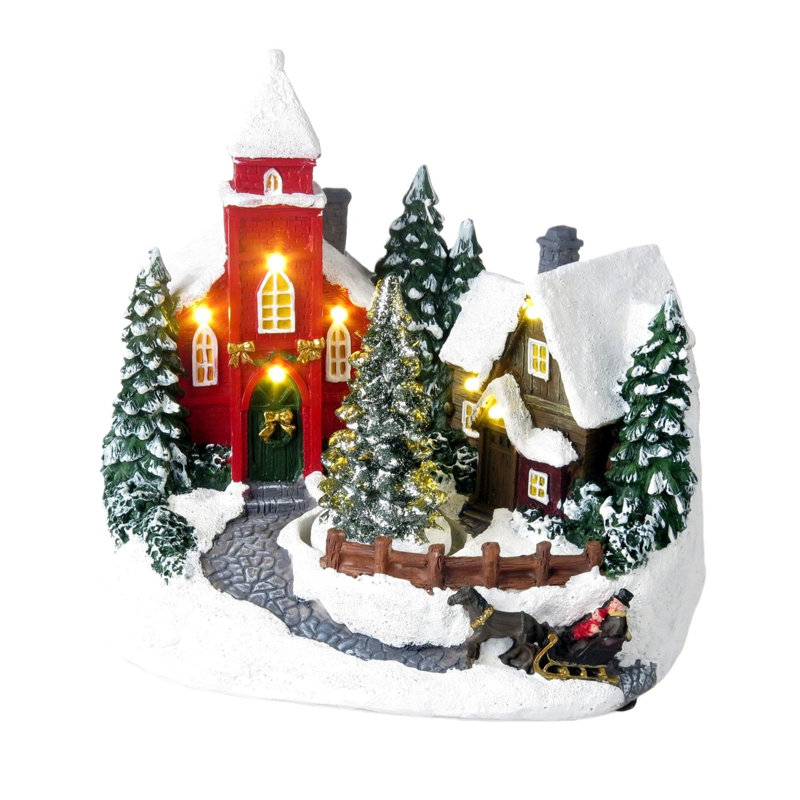 LED Light Up Church With Rotating Tree