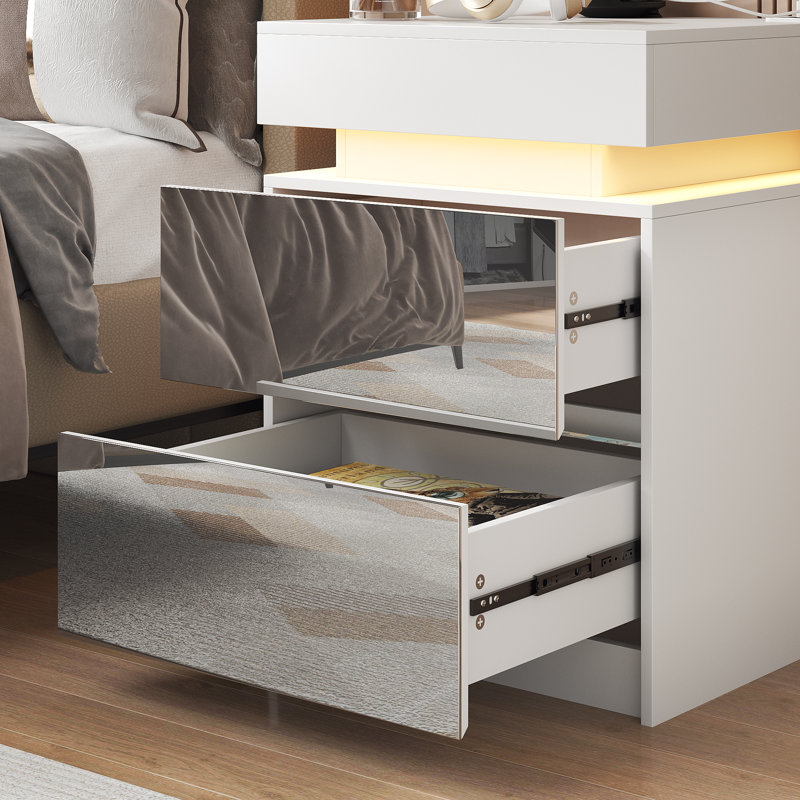 Ashten Modern Nightstand With 2 Mirrored Drawers And Motion Sensor, White