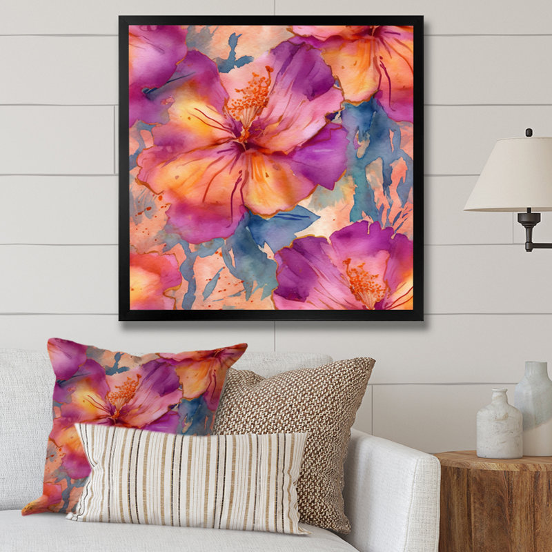 Ronalie, fleurs d'hibiscus mauve et orange sur toile, Cadre photo noir, H 24 po x l 24 po x P 1 po