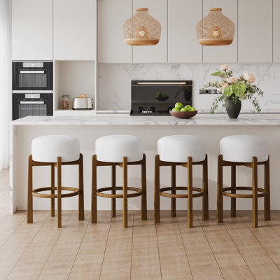 Ragio Mid-Century Modern Rubberwood Upholstered Barstools With Footrest Support