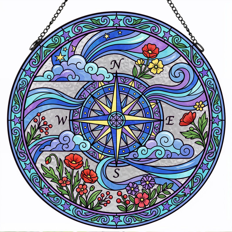 Panneau de vitrail Compass Rose, H 12 po, H 12 po