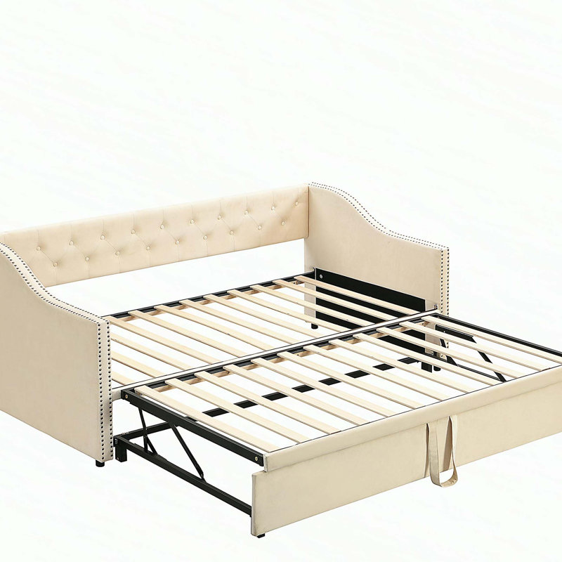 Lit de jour simple tapissier avec couchette escamotable, beige, Beige