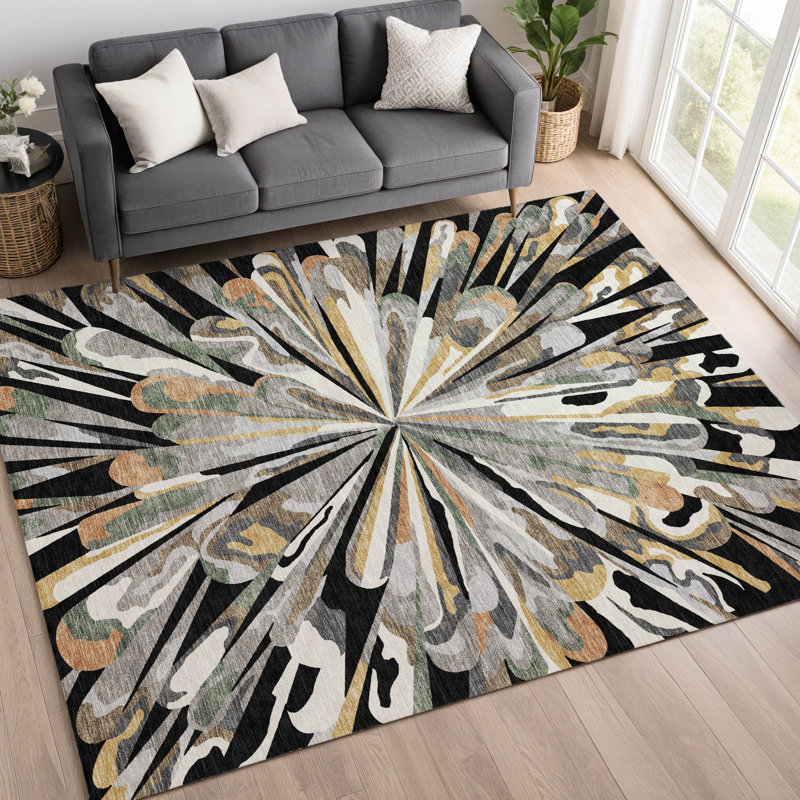 Tapis abstrait lavable à la machine intérieur / extérieur ACN2838, Noir, 10 pi x 14 pi
