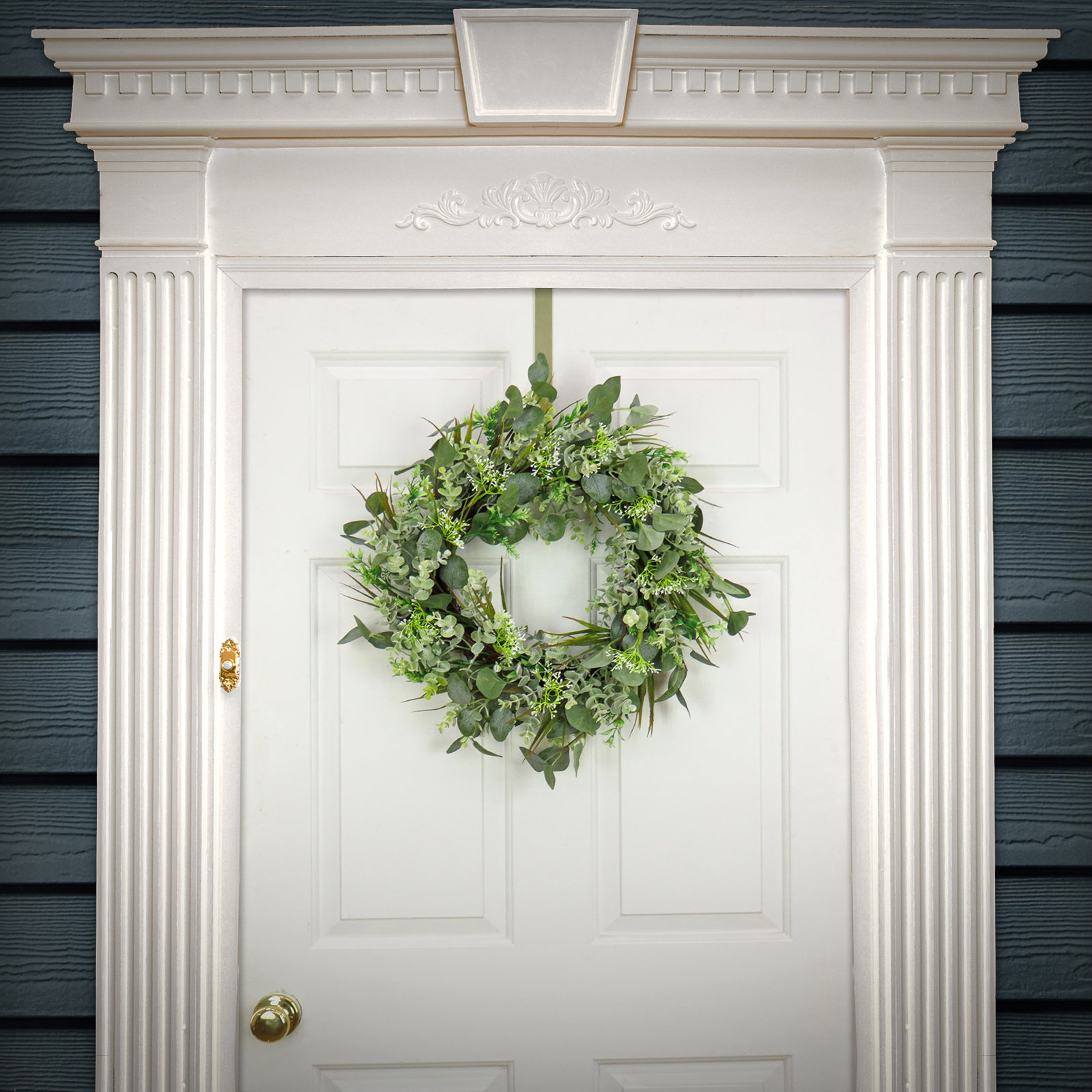 22 inch Artificial Spring Wreath with Eucalyptus Leaves, Flowing Green Stems