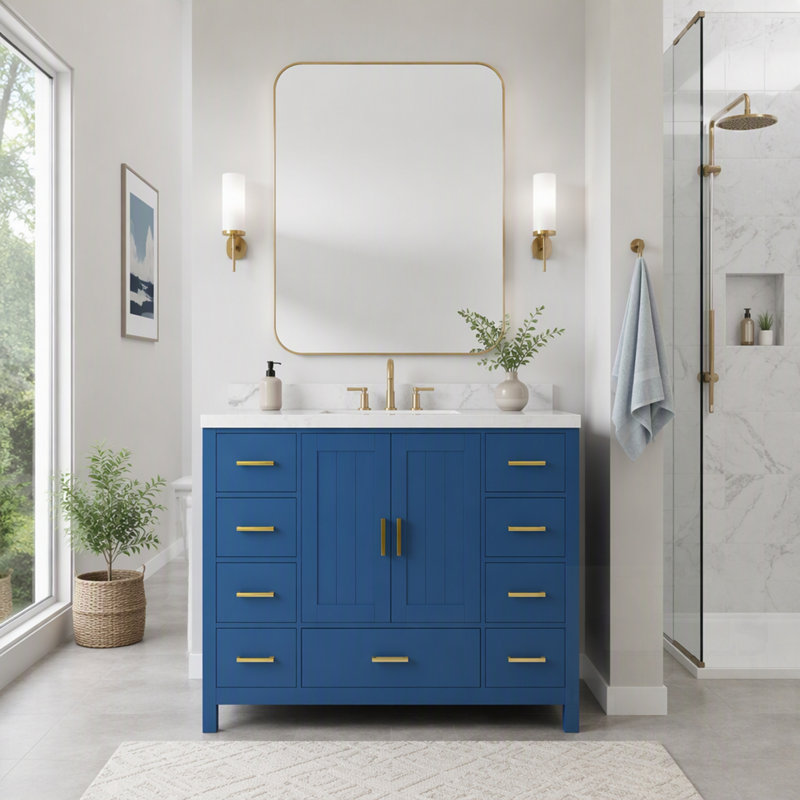 Base de meuble-lavabo durable avec portes à fermeture douce, 9 tiroirs et bois résistant à l'eau, Blue, 42" W