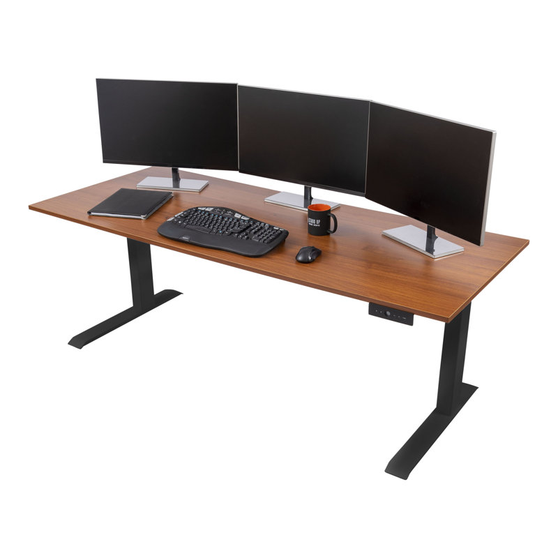 Adjustable Metal Base Standing Desk, Teak/Black, 26" H x 70.9" W x 29.5" D