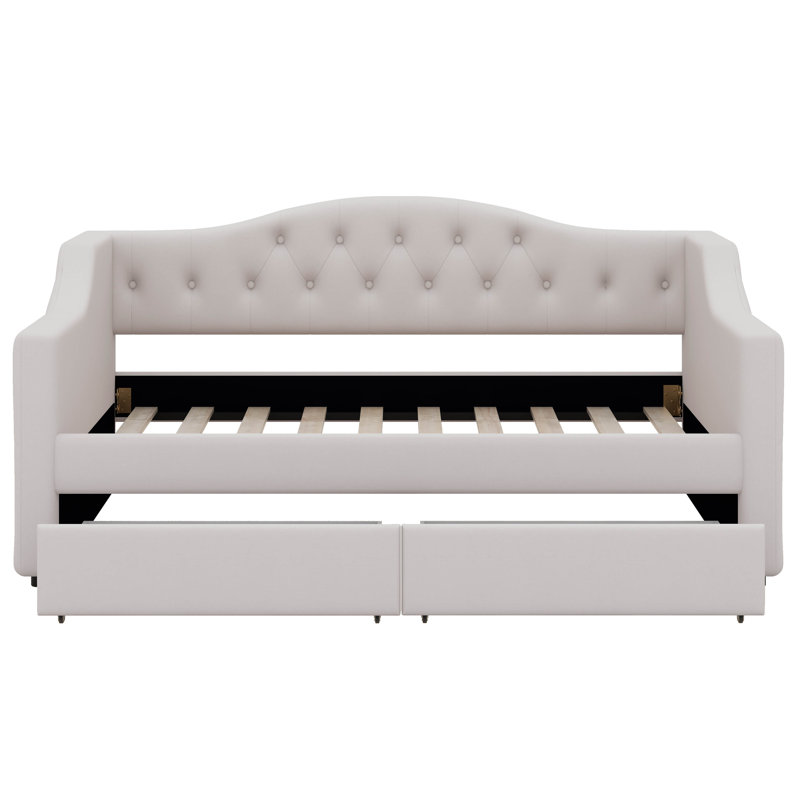Upholstered Daybed, Sofa Bed With LED Belt And 2 Drawers, Linen Tufted Day Bed For Living Room, Bedroom, Twin Extra-Long