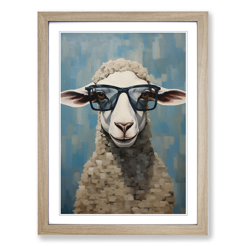 Sheep Modern - Single Picture Frame Print on Wood, 46cm H x 34cm W x 2cm D, Oak